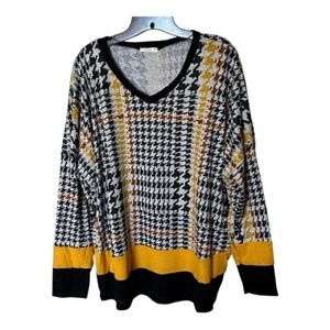e. Luna Black/Rust/Gold Houndstooth V-Neck Long Sleeve Sweater Size 1X